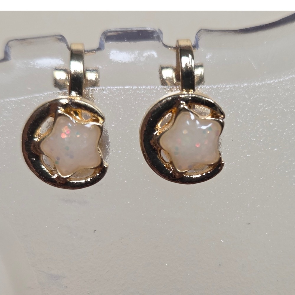 Gold Tone Faux Opal Moon and Star Clip On Earrings Celestial Jewelry